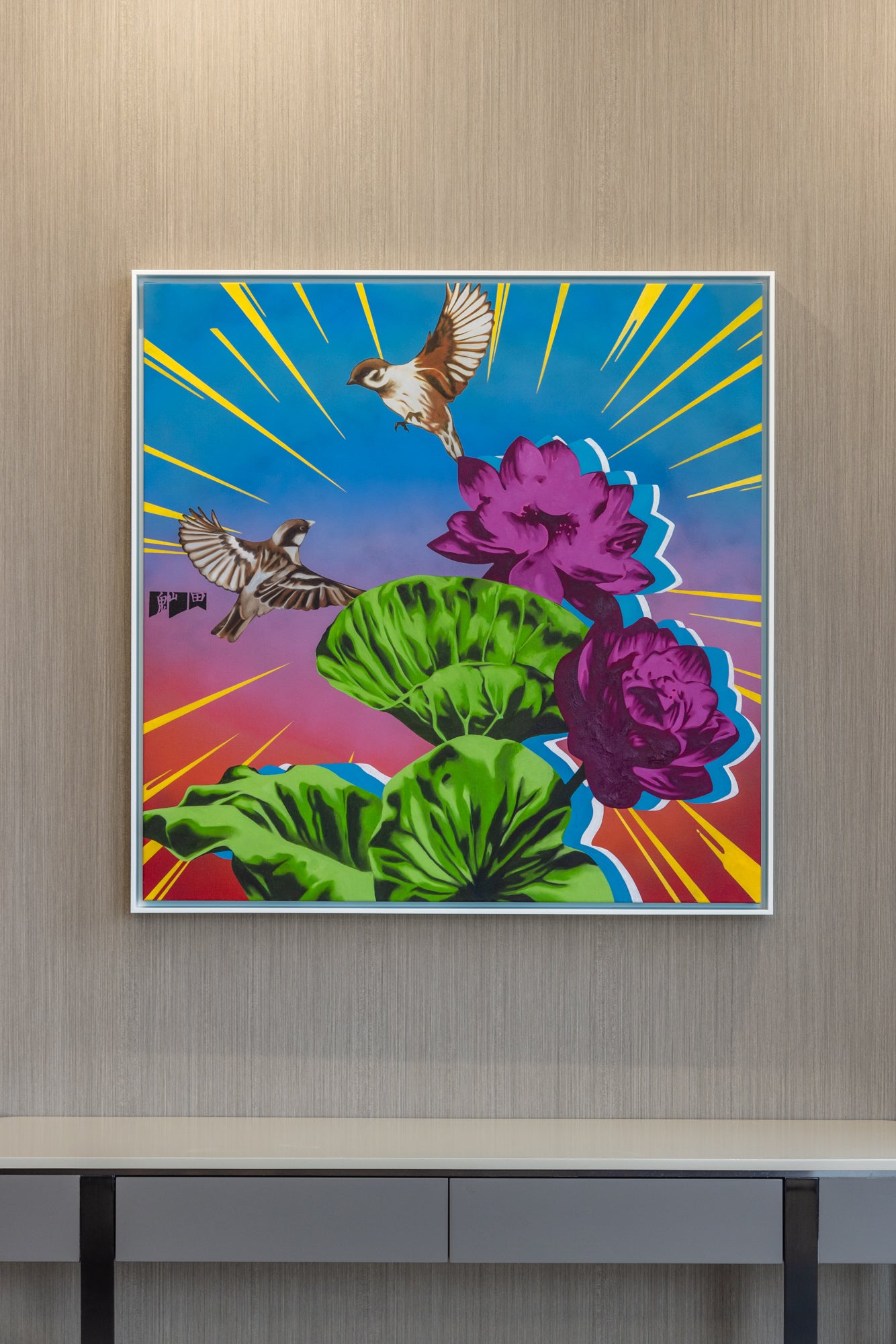 Contemporary abstract artwork by Ghost Mountain Field 鬼山田 installed in Hong Kong AIA Client Centre curated by The Picturesque.